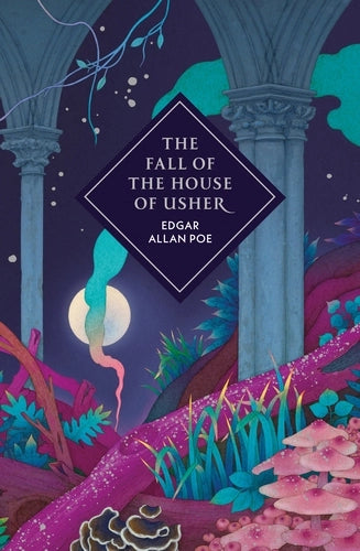 Book Jacket Fall of the House of Usher Edgar Allan Poe blue and pink jacket featuring fauna and columns
