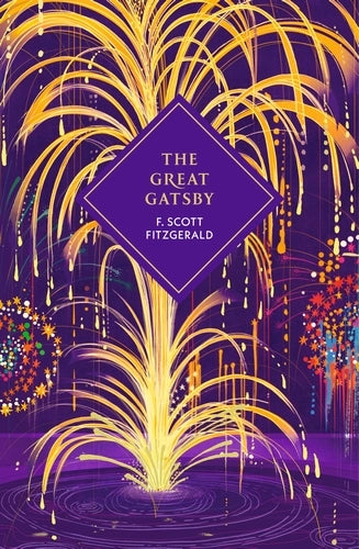 Book cover of 'The Great Gatsby' with gold fireworks on a purple background