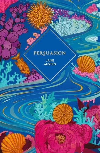 Book Jacket Persuasion by Jane Austen stylised river scene in bright blues and pinks