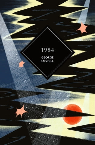 Book cover of '1984' by George Orwell with geometric design and stars.