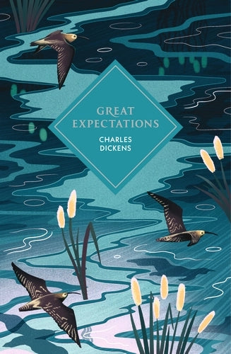Book cover of 'Great Expectations' by Charles Dickens with a stylized pond and birds.