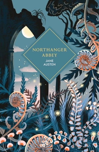 Book Jacket Northanger Abbey by Jane Austen stylised evening woodland scene in blue and peach