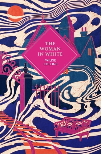 Jacket of the Woman in White by Wilkie Collins featuring pictorial house in blue and pink.