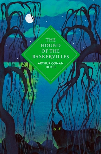 Book cover of 'The Hound of the Baskervilles' with a cat and trees in a night scene.
