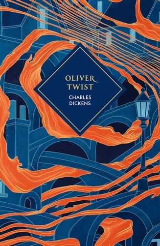 Book cover of 'Oliver Twist' by Charles Dickens with orange and blue design elements.