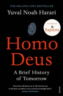 Book jacket, Homo Deus by Harari features a digital image of a fingerprint against a black background with the title in red.