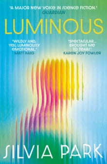 Book Jacket Luminous by Silvia Park. Features the view of a figure through glass that has a frosted shape.  Person is in pink orange and green on a blue and green background