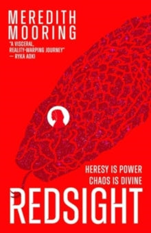 Book Jacket red cover with a serpent - it's eye features a woman. Redsight by Meredith Mooring