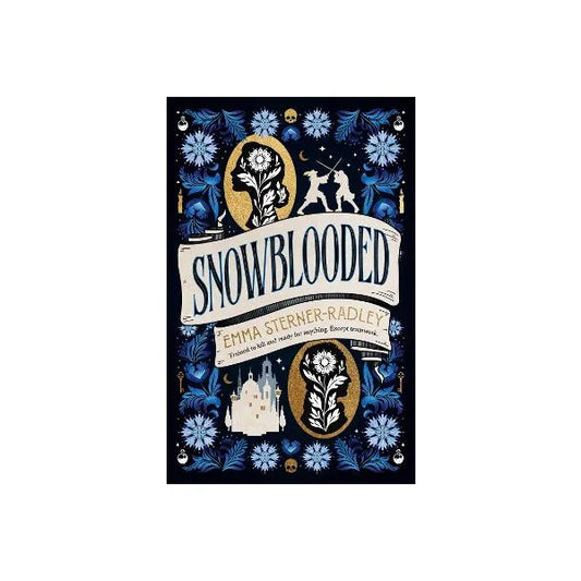 Book Jacket snowblooded Emma sterner-Radley - stylised snowflakes and foliage in shades of blue with a castle and men fencing in beige.