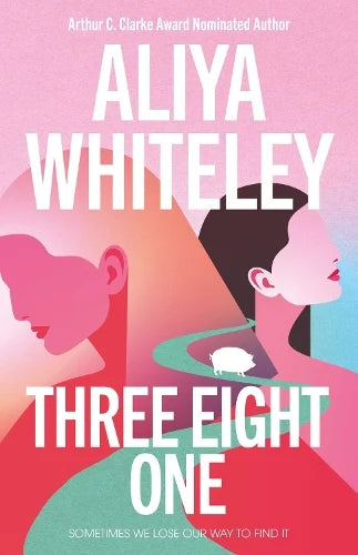 Book Jacket - three eight one by Aliya Whiteley - stylised images of two women in pinks with a pig o a winding road between them.