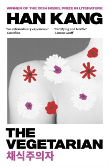 Book cover of 'The Vegetarian' by Han Kang with floral patterns on a gray background