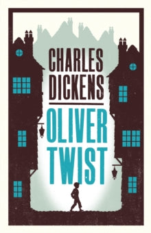 Book Jacket Alma Classics Oliver Twist. Features a young boy in shadow between two buildings on his own.