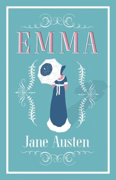 Book Cover - Emma by Jane Austen featuring a Georgian Woman on light blue background with writing in pink and white.  University of Glasgow Bookshop