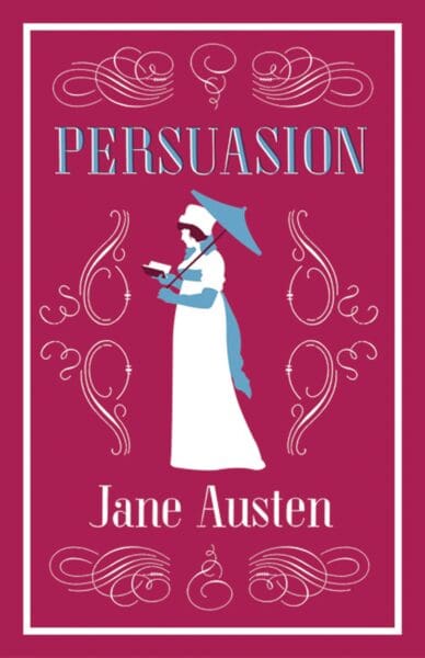 Book Cover - Persuasion by Jane Austen. Women in white on a pinkish red background with writing in white.  University of Glasgow Bookshop