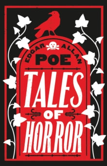 Book Jacket Alma Classics Tales of Horror by Poe. features a bird sitting on a tombstone in red.