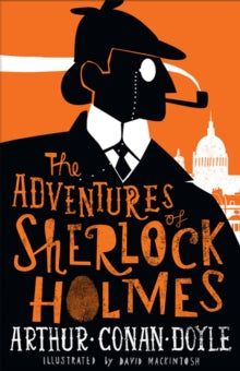 Book Jacket The Adventure of Sherlock Holmes - Alma Classics, cover features an image of sherlock Holmes with pipe in mouth against a London skyline.