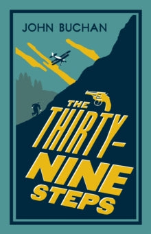 Book Jacket Alma Classics The Thirty-Nine Steps. features a man running up a hill being chased by an aeroplane.