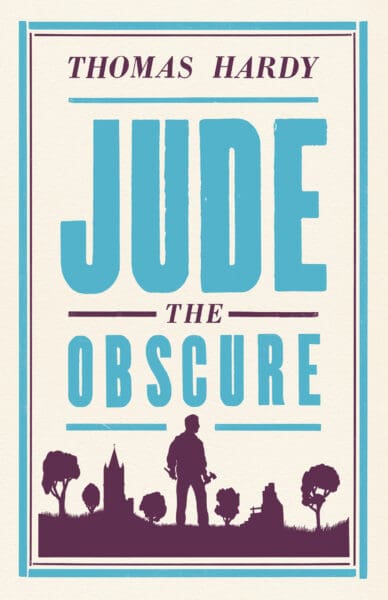 Book Cover Jude the Obscure by Thomas Hardy - Cream Jacket with blue writing and a stylised picture of a man in a field in purple. University of Glasgow Bookshop