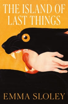Book Cover - The Island of Last Things.  Black Cat with are in it's mouth on an orange background.