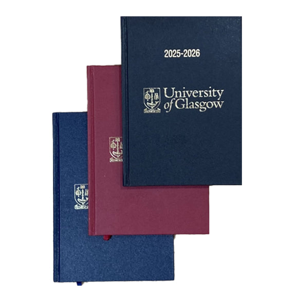 Three academic planners from the University of Glasgow on a white background