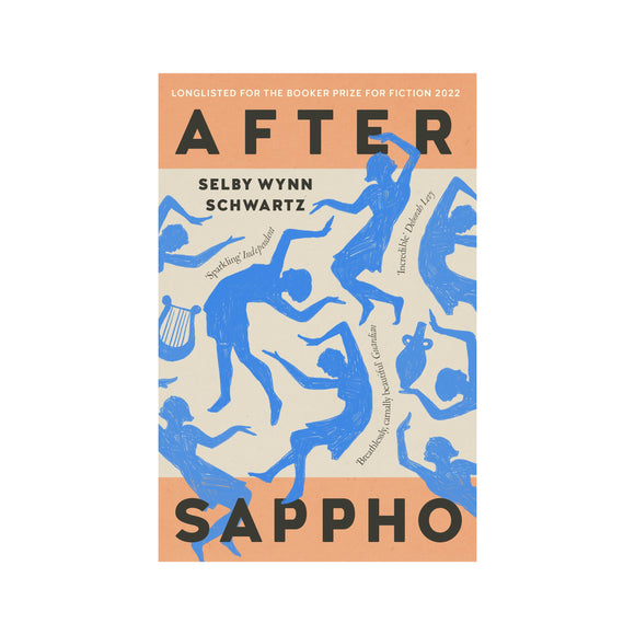 Book cover of 'After Sappho' by Selby Wynn Schwartz with blue silhouette figures on a beige background.