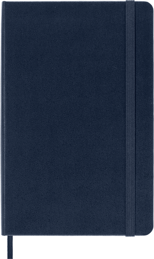 Dark blue notebook with a strap closure on a white background