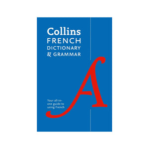 Collins French Dictionary & Grammar book cover with blue background and red letter 'A'.