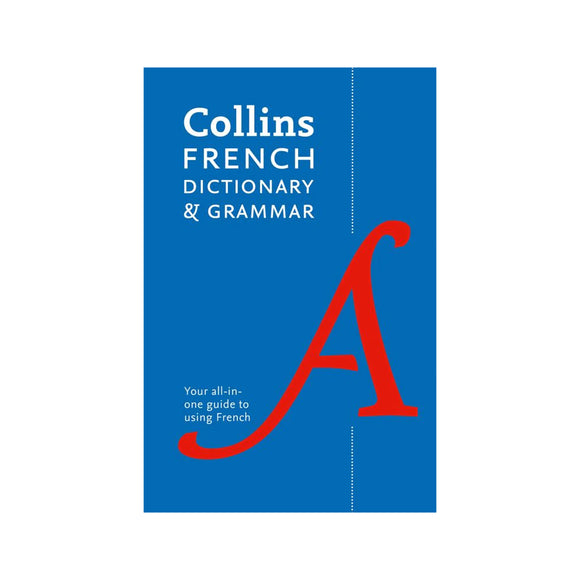 Collins French Dictionary & Grammar book cover with blue background and red letter 'A'.