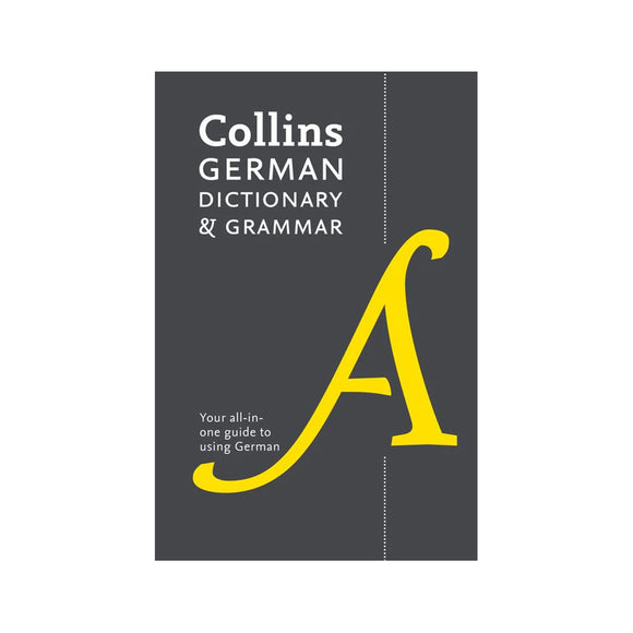 Collins German Dictionary & Grammar book cover with a yellow 'A' on a dark gray background