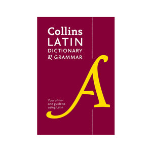 Collins Latin Dictionary & Grammar book cover with maroon background and yellow letter 'A'.