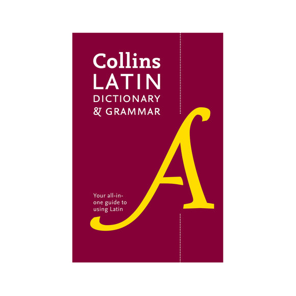 Collins Latin Dictionary & Grammar book cover with maroon background and yellow letter 'A'.