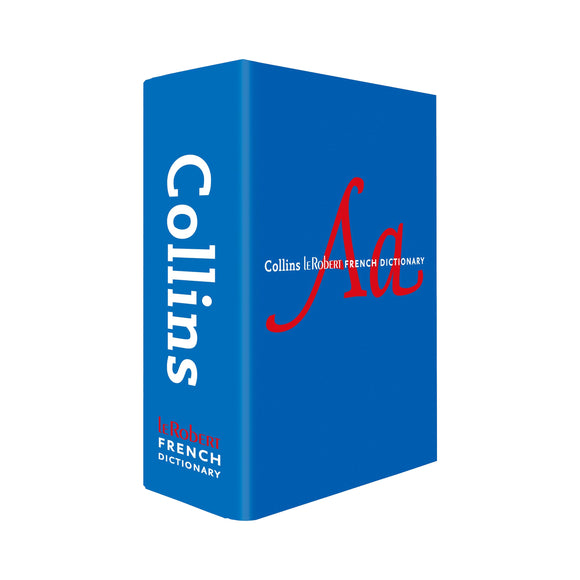 Blue dictionary with 'Collins' and 'French Dictionary' text on a white background