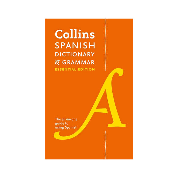 Collins Spanish Dictionary & Grammar book cover with orange background and yellow letter 'A'.