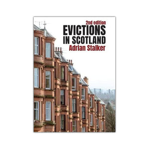 Book cover of 'Evictions in Scotland' by Adrian Stalker with a background of tenement flats. 