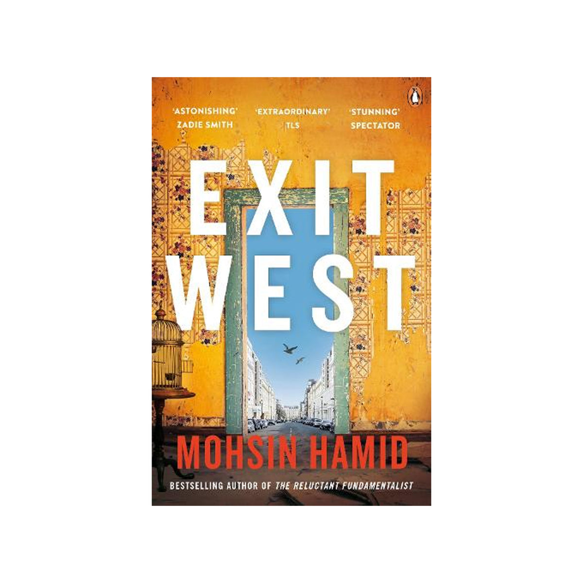Book cover of 'Exit West' by Mohsin Hamid with a stylized cityscape.