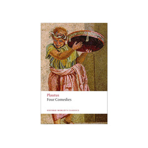 Book cover of 'Four Comedies' by Plautus with a mosaic-style illustration on a white background