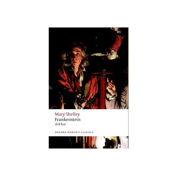 Book cover of 'Frankenstein' by Mary Shelley featuring a person in a red coat .