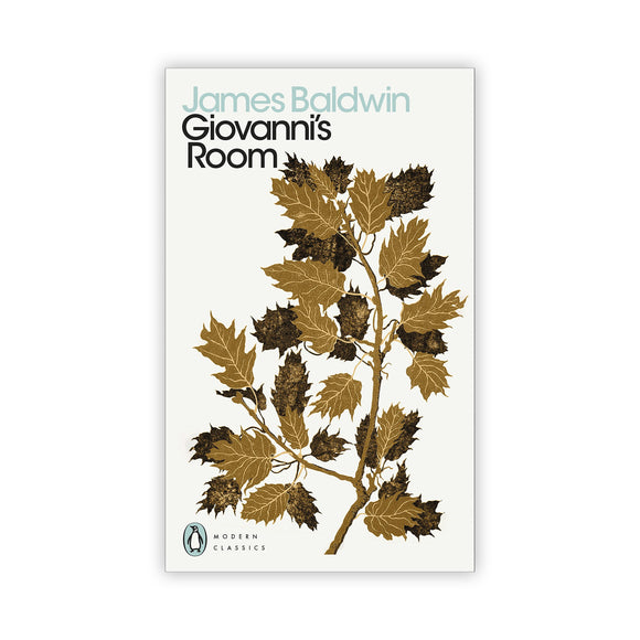 Book cover of 'Giovanni's Room' by James Baldwin with leaf design on a white background