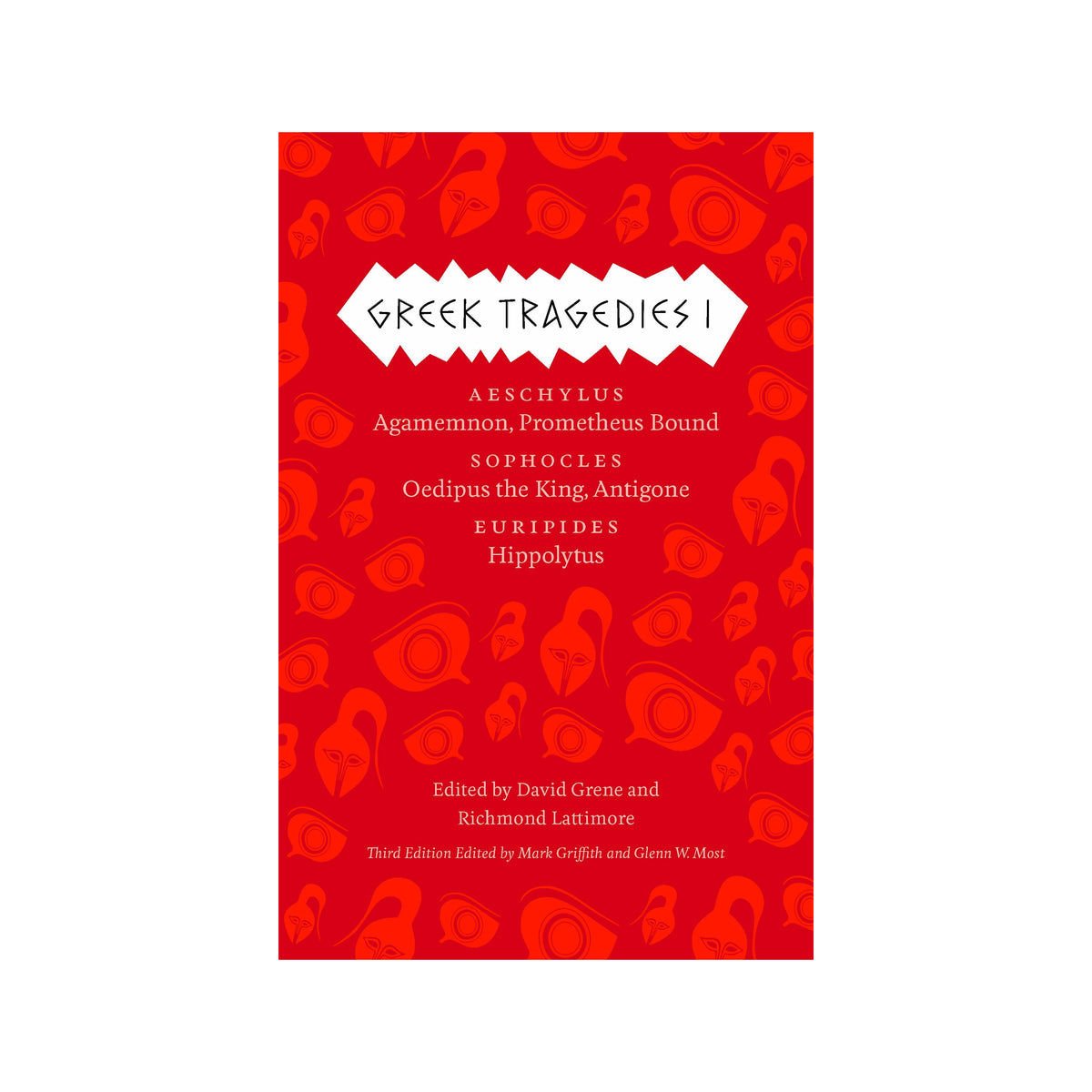 Book cover of 'Greek Tragedies I' with red pattern and white text on a white background