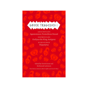 Book cover of 'Greek Tragedies I' with red pattern and white text on a white background