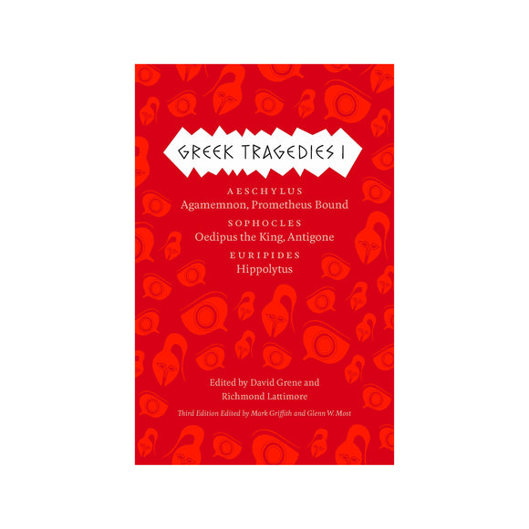 Book cover of 'Greek Tragedies I' with red pattern and white text on a white background