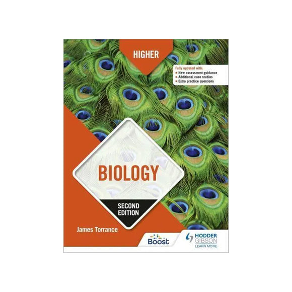 Book cover of 'Higher Biology' with peacock feathers on an orange background
