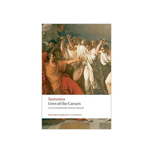 Book cover of 'Lives of the Caesars' by Suetonius with classical scene illustration.