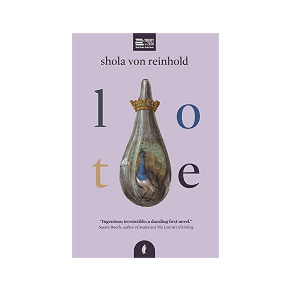 Book cover of 'love' by Shola von Reinhold with a decorative bottle and peacock illustration on a purple background.
