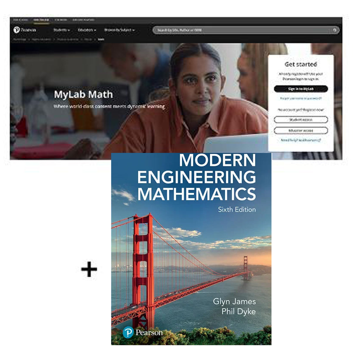Book titled 'Modern Engineering Mathematics' by Glyn James and Phil Dyke with a screenshot of MyLab Math in the background.