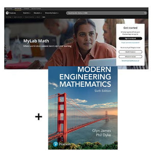 Book titled 'Modern Engineering Mathematics' by Glyn James and Phil Dyke with a screenshot of MyLab Math in the background.