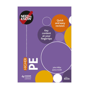 Book cover of 'Higher PE' revision guide with colorful design and text on a purple background