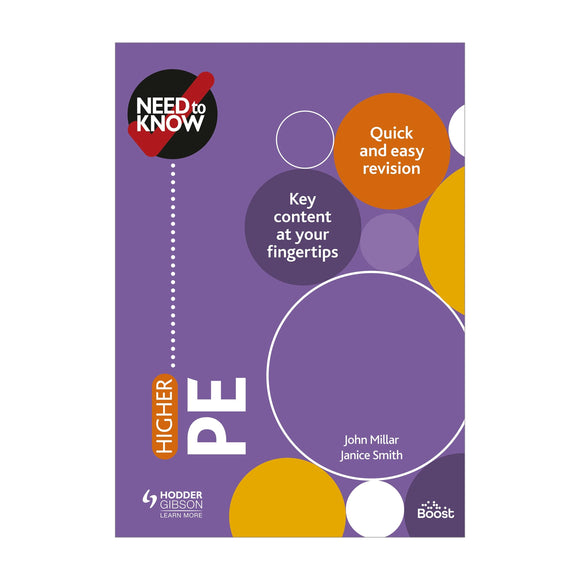 Book cover of 'Higher PE' revision guide with colorful design and text on a purple background