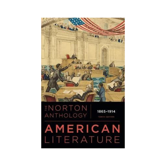 Book cover of 'The Norton Anthology of American Literature' with a historical scene and American flag.