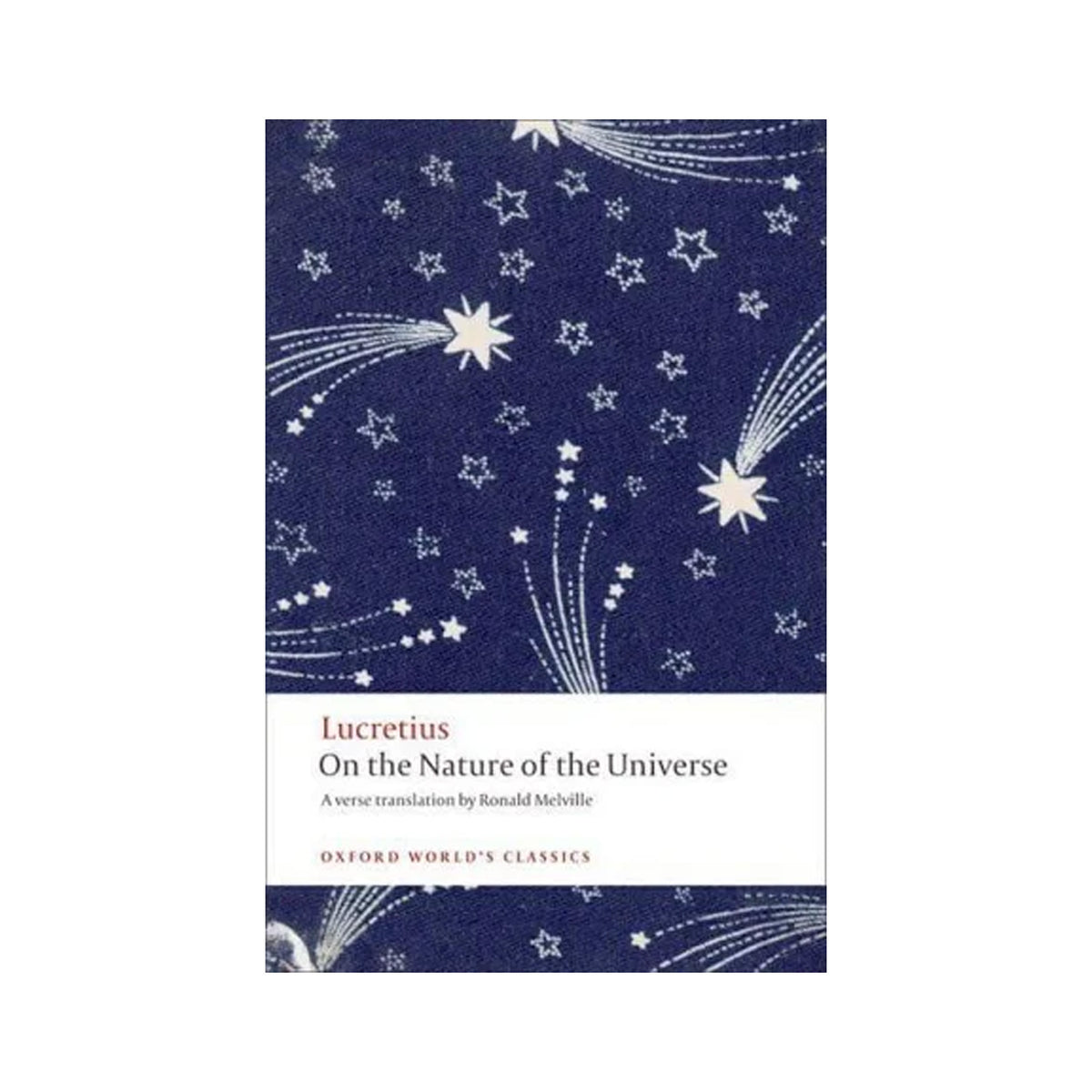 Book cover of 'On the Nature of the Universe' by Lucretius with star and comet design on a blue background.